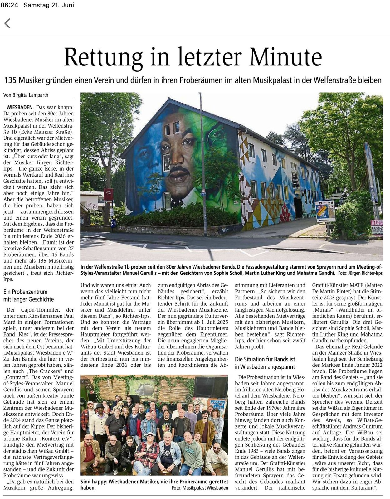 Artikel "Rettung in letzter Minute", Wiesbadener Kurier vom 21. Juni 2025, von Birgitta Lamparth